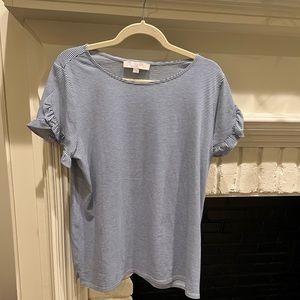 Loft blue and white stripe ruffle sleeve tee size Large